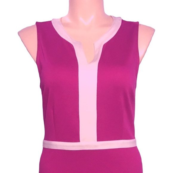 Ann Taylor 12 Dress Magenta Pink Purple Off White Trim V Neck Sleeveless Work - Picture 2 of 7